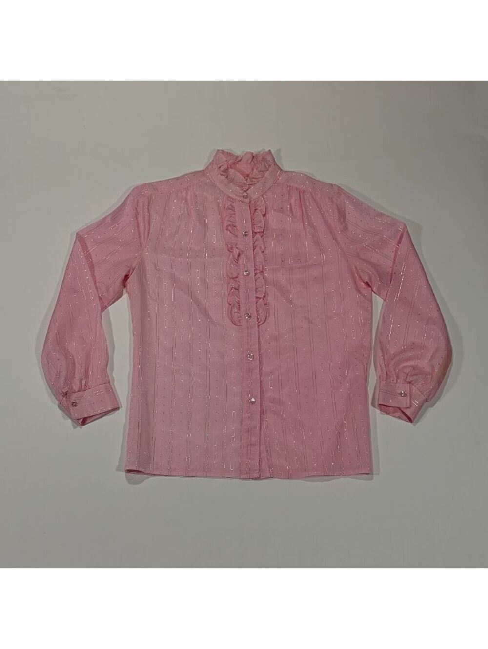 Vintage Button Up Top Pink Metallic Details High Neck Ruffles Formal Size 10